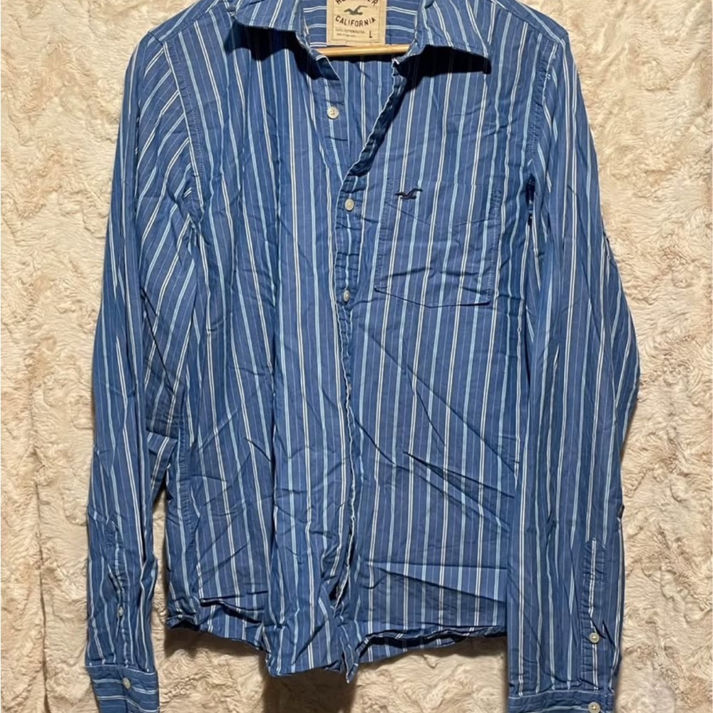 Hollister Blue Casual Button Down Shirt with Stripes